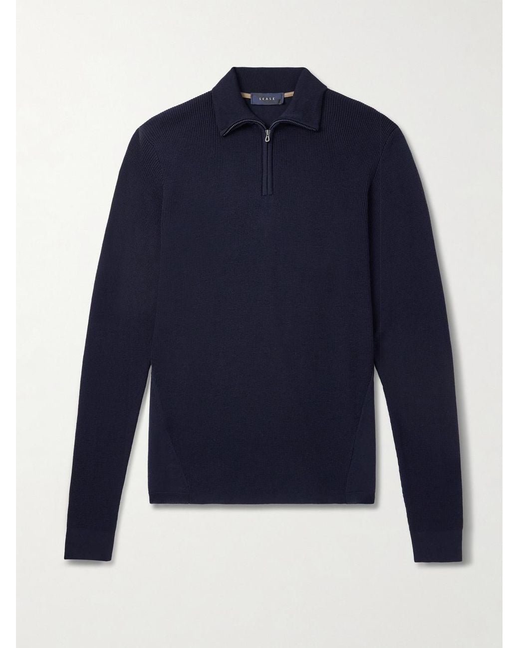 Sease Blue Waffle-Knit Virgin Wool Half-Zip Sweater for men