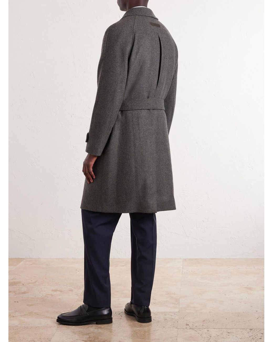 Zegna Gray Oasi Belted Herringbone Cashmere Trench Coat for men