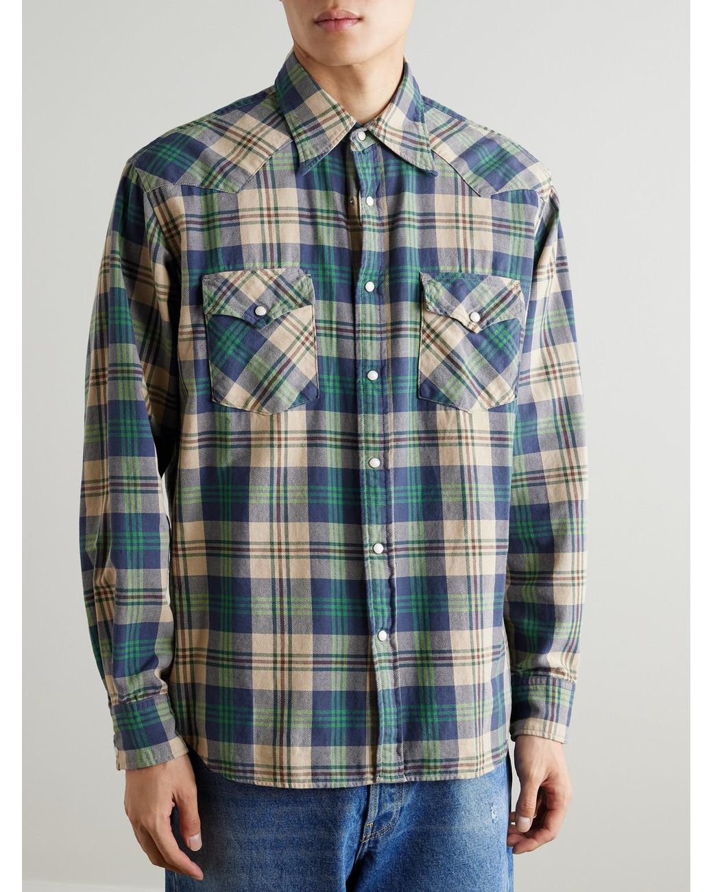 Kapital Blue Columbia Checked Cotton-Flannel Western Shirt for men