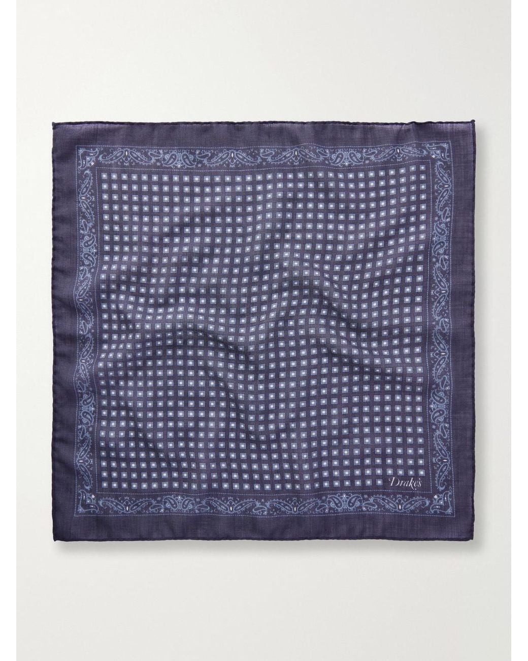 Drake's Blue Paisley-Print Silk And Wool-Blend Challis Pocket Square for men
