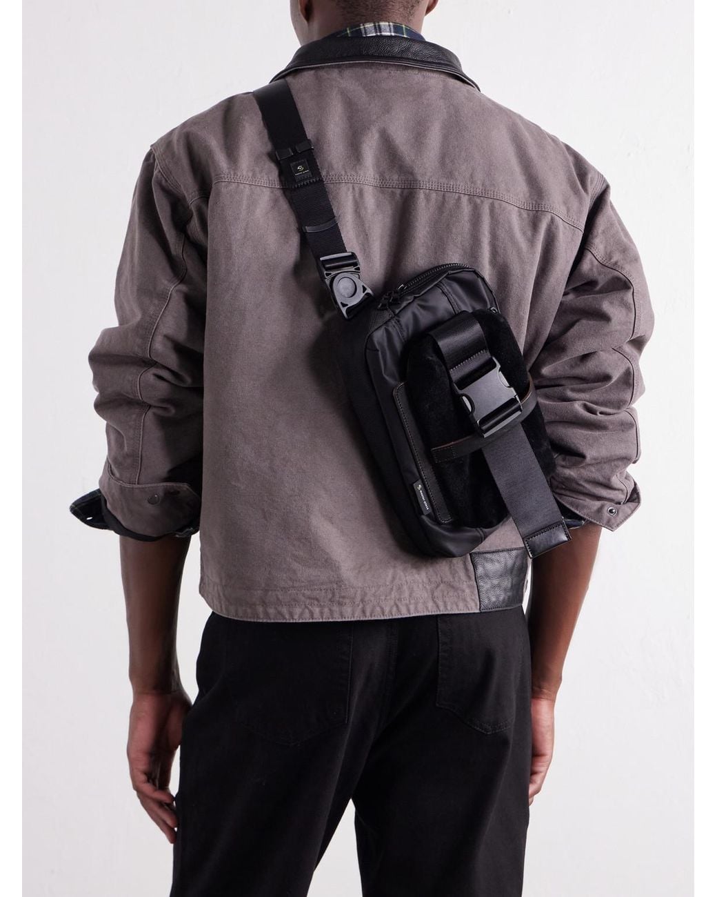 Master Piece Black Sling Suede And Leather-Trimmed Nylon-Twill Messenger Bag for men