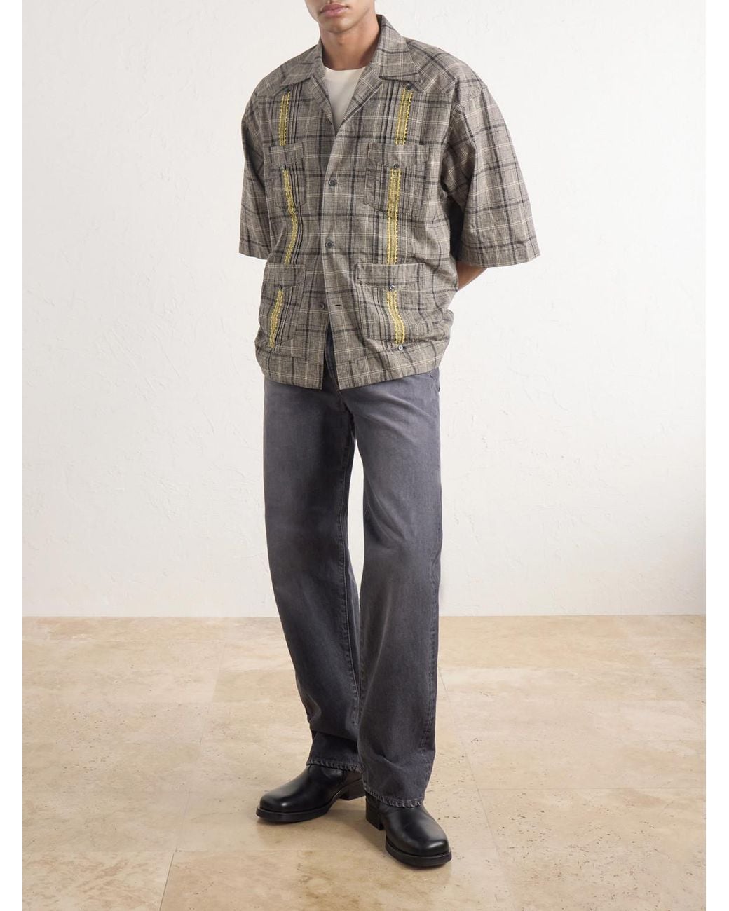 Kapital Gray Glen Embroidered Checked Linen And Cotton-blend Shirt for men