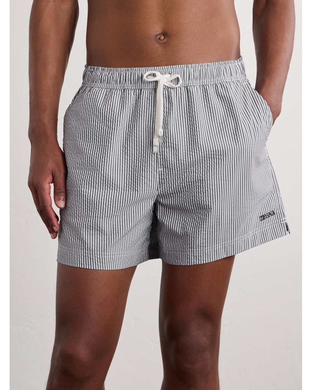 Zegna Gray Straight-leg Mid-length Striped Seersucker Swim Shorts for men