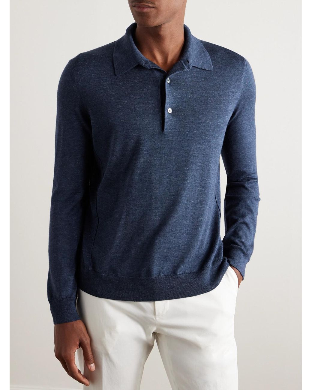 Zegna Blue Silk, Cashmere And Linen-Blend Polo Shirt for men