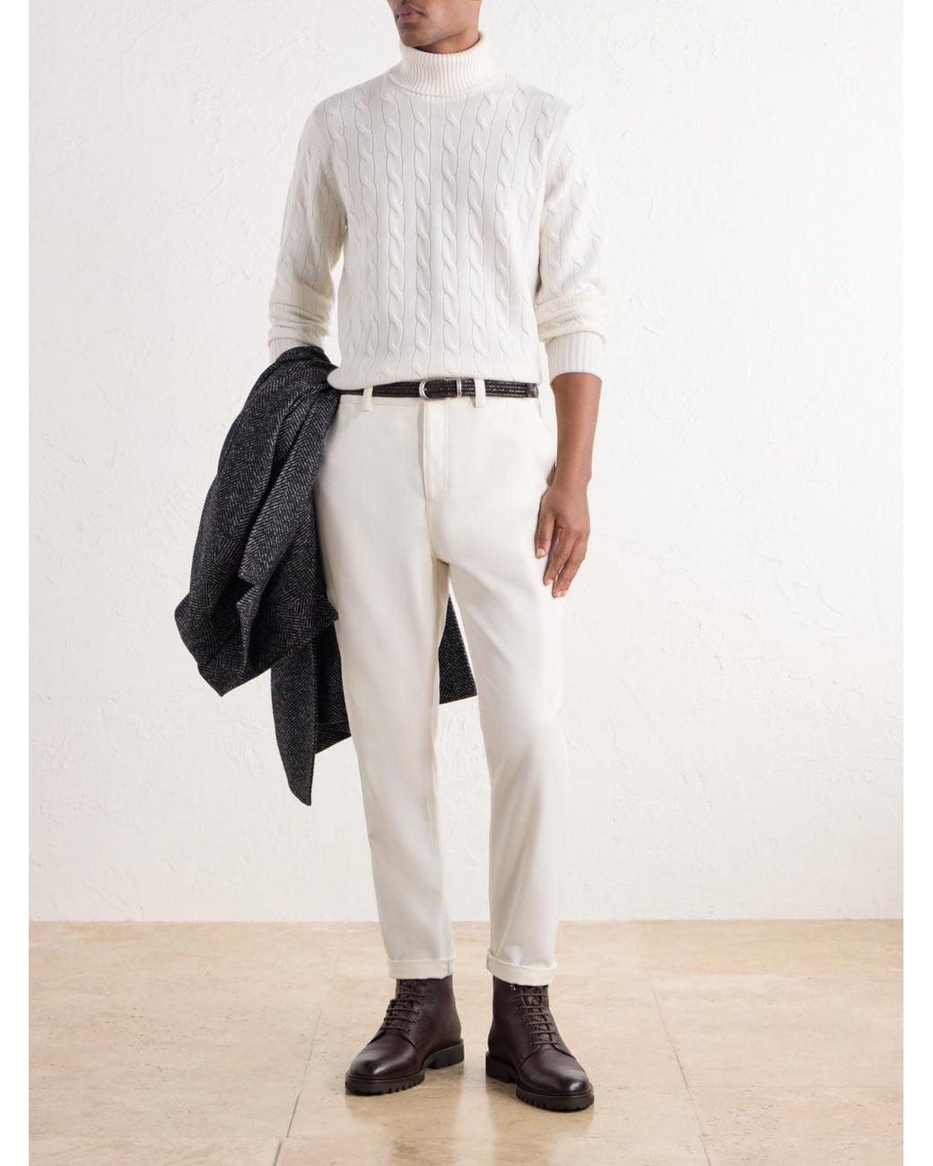 Brunello Cucinelli White Cable-Knit Cashmere Rollneck Sweater for men