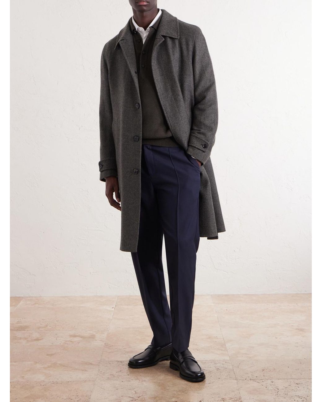 Zegna Gray Oasi Belted Herringbone Cashmere Trench Coat for men