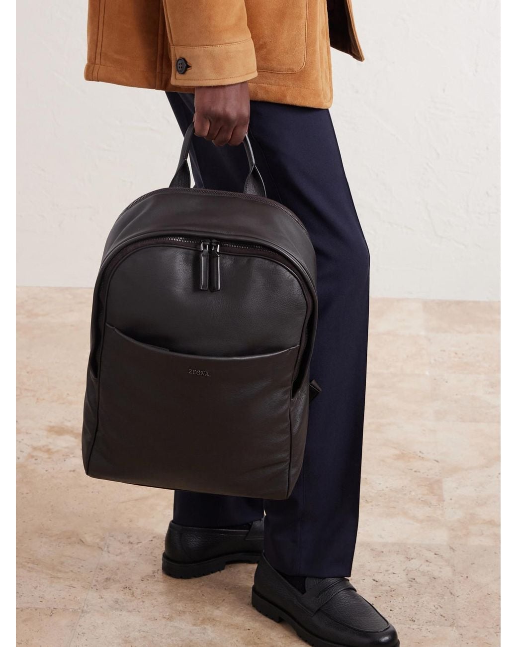 Zegna Black Leather Backpack for men