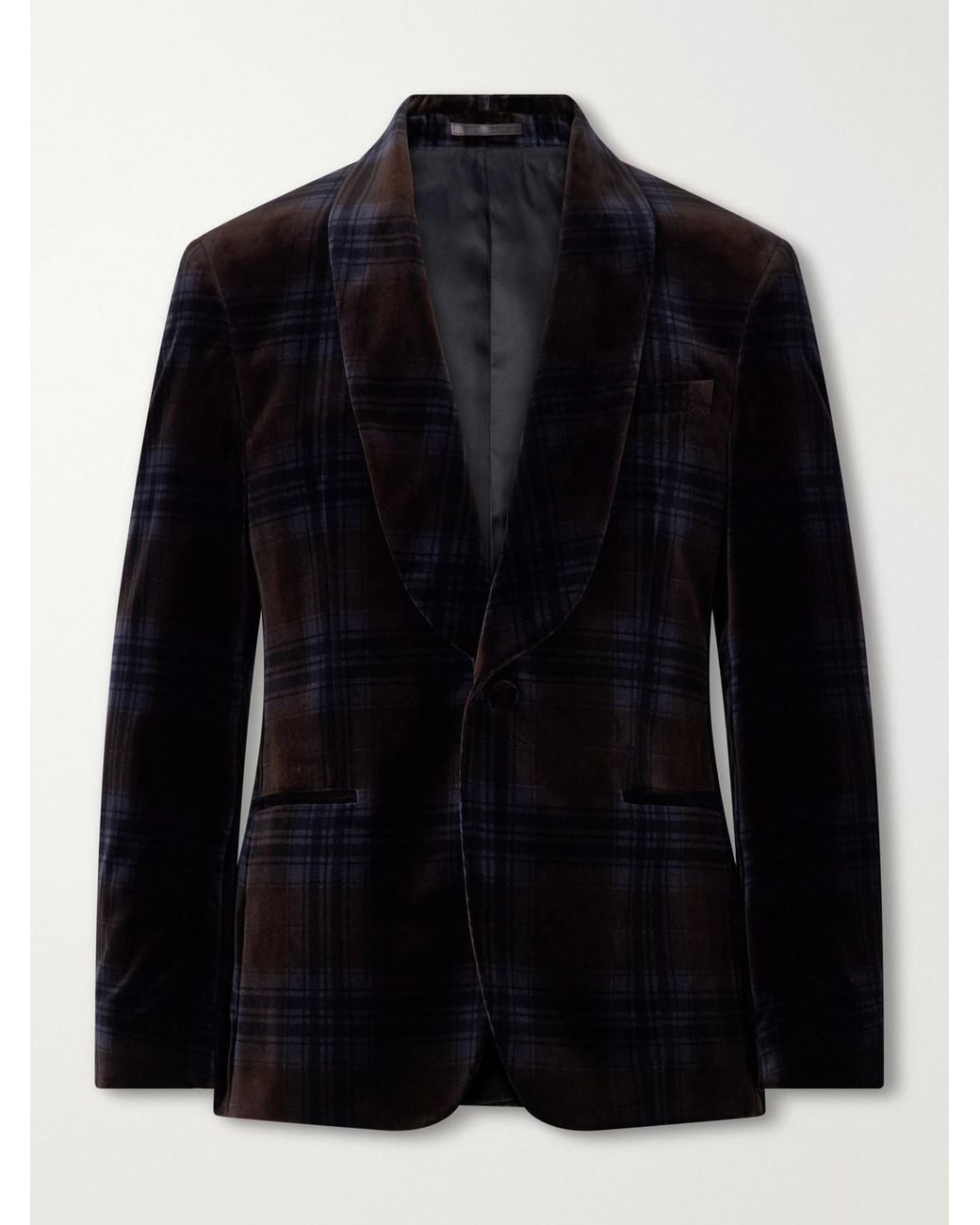 Mr P. Blue Shawl-Collar Checked Cotton-Velvet Tuxedo Jacket for men