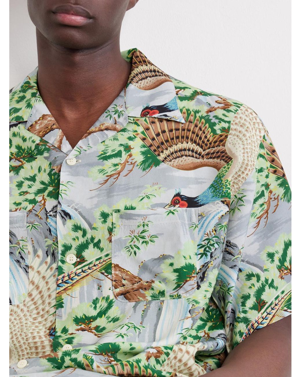 Orslow Green Camp-collar Printed Voile Shirt for men
