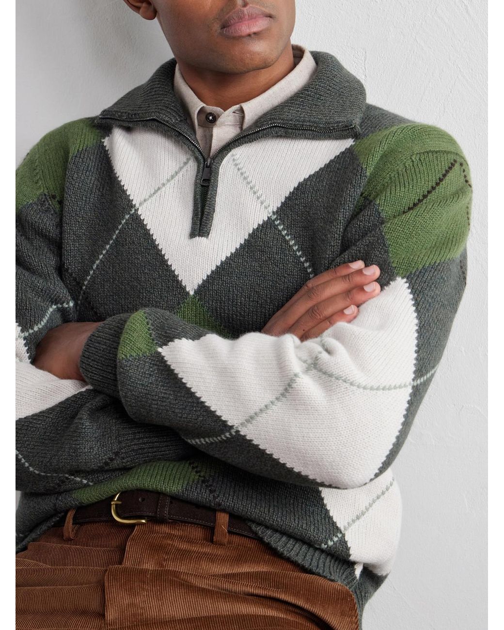 James Purdey & Sons Green Intarsia-Knit Argyle Wool And Cashmere-Blend Half-Zip Sweater for men