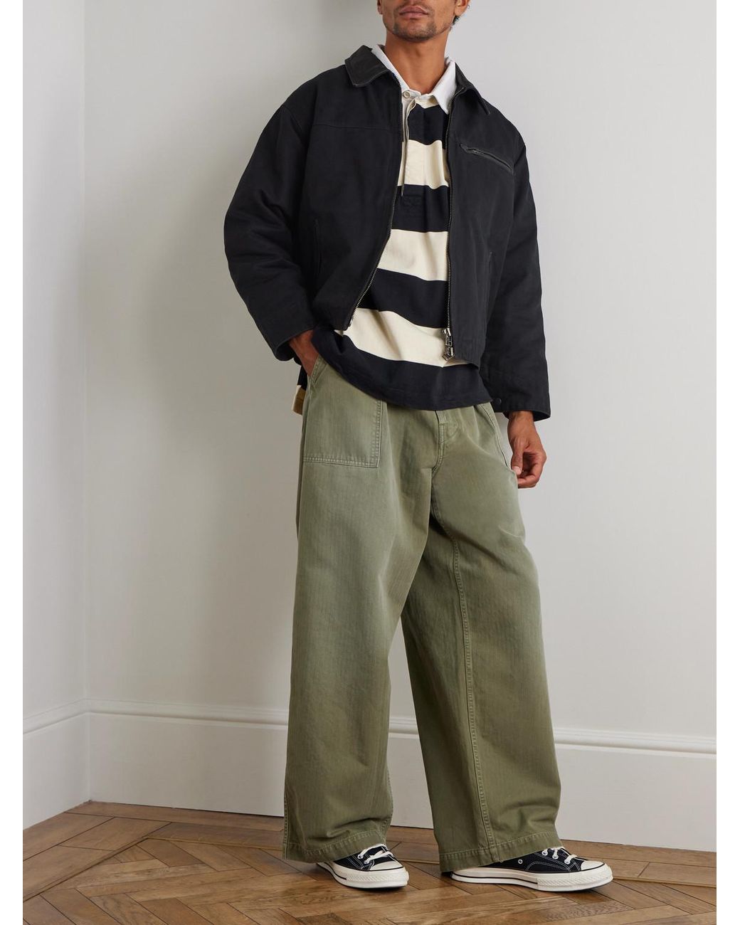 FRIZMWORKS Leather-Trimmed Distressed Padded Cotton-Canvas Jacket in Black für Herren