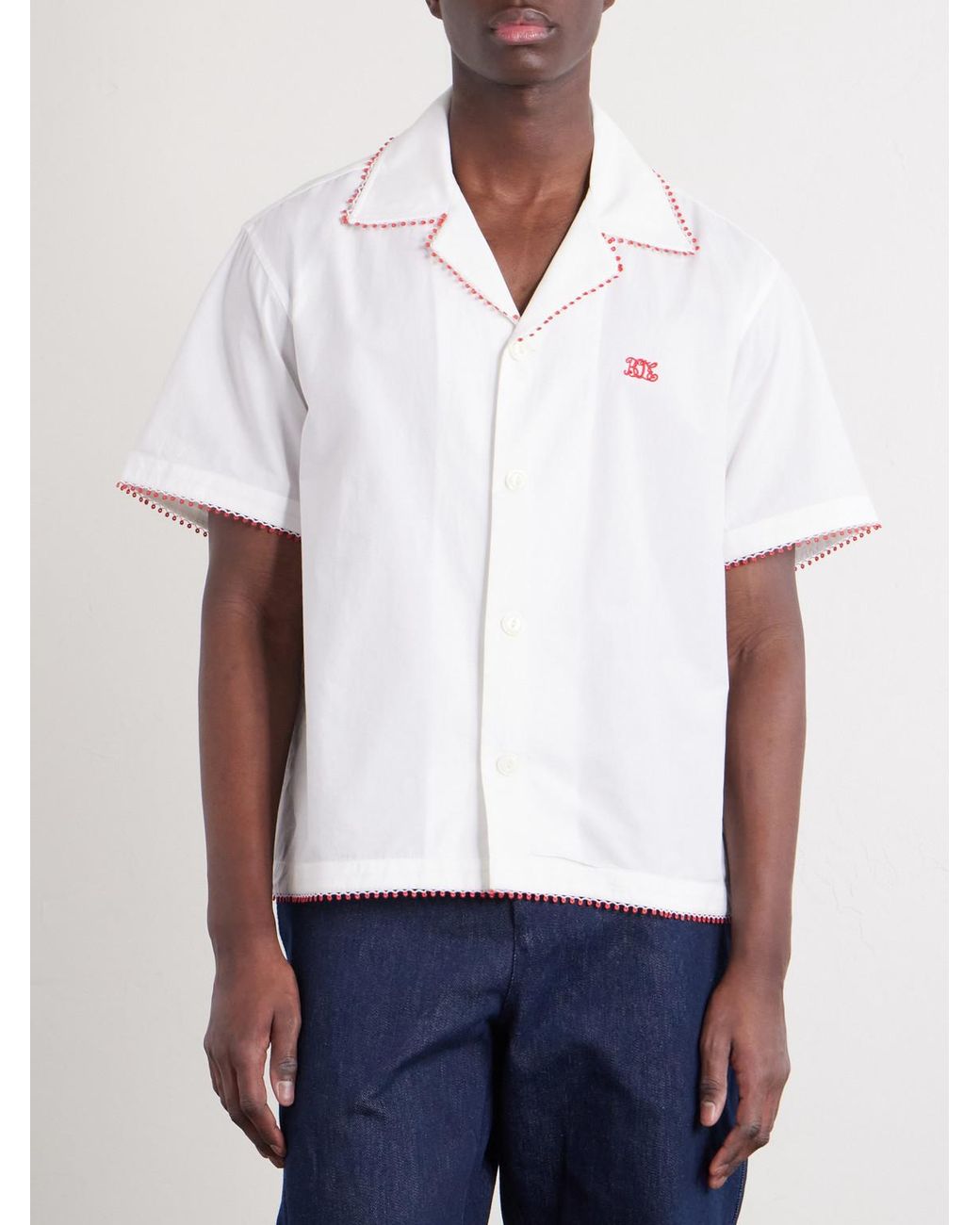 Bode White Redbud Camp-Collar Logo-Embroidered Cotton Shirt for men