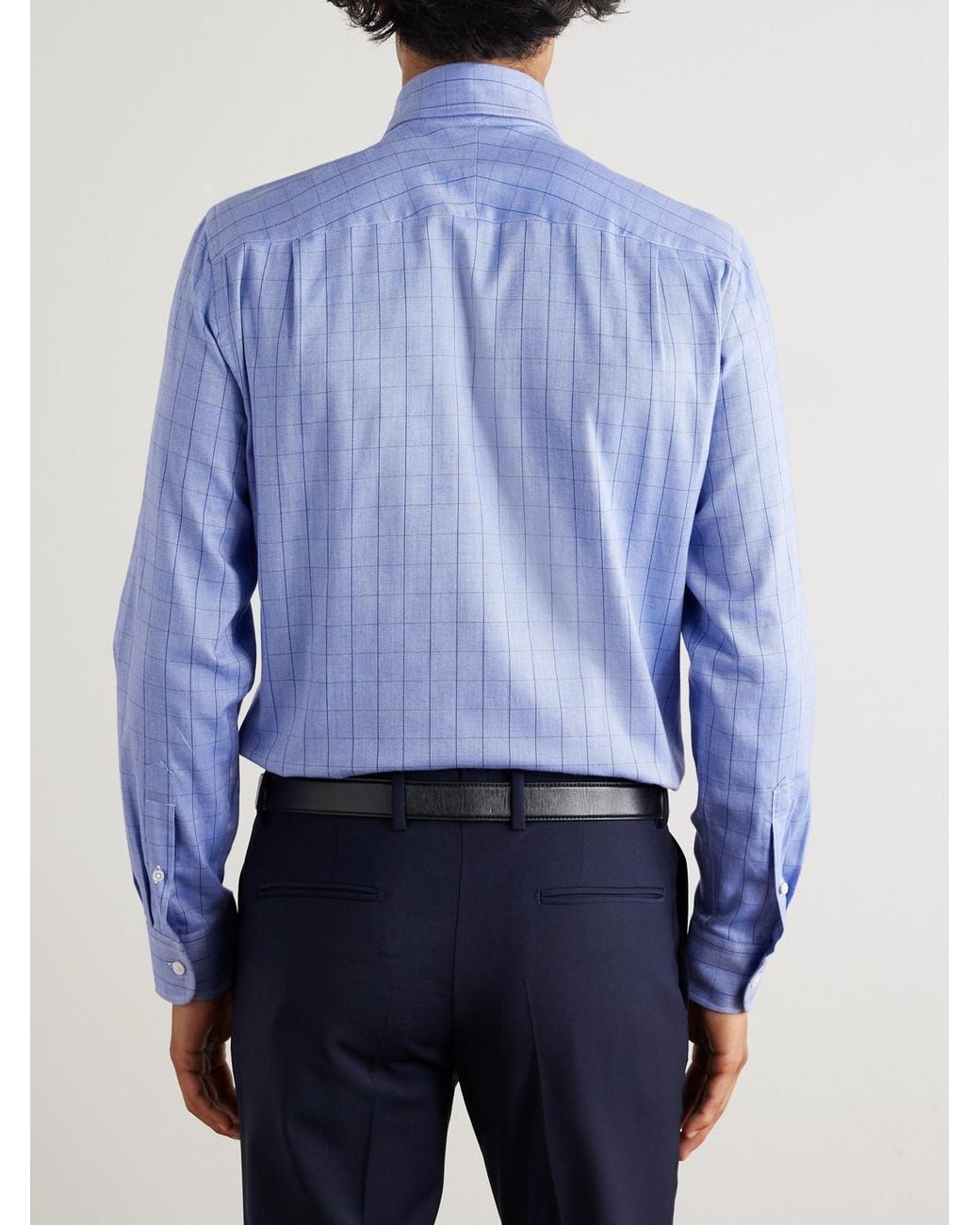 Dunhill Blue Giza Cutaway-collar Checked Cotton And Cashmere-blend Shirt for men