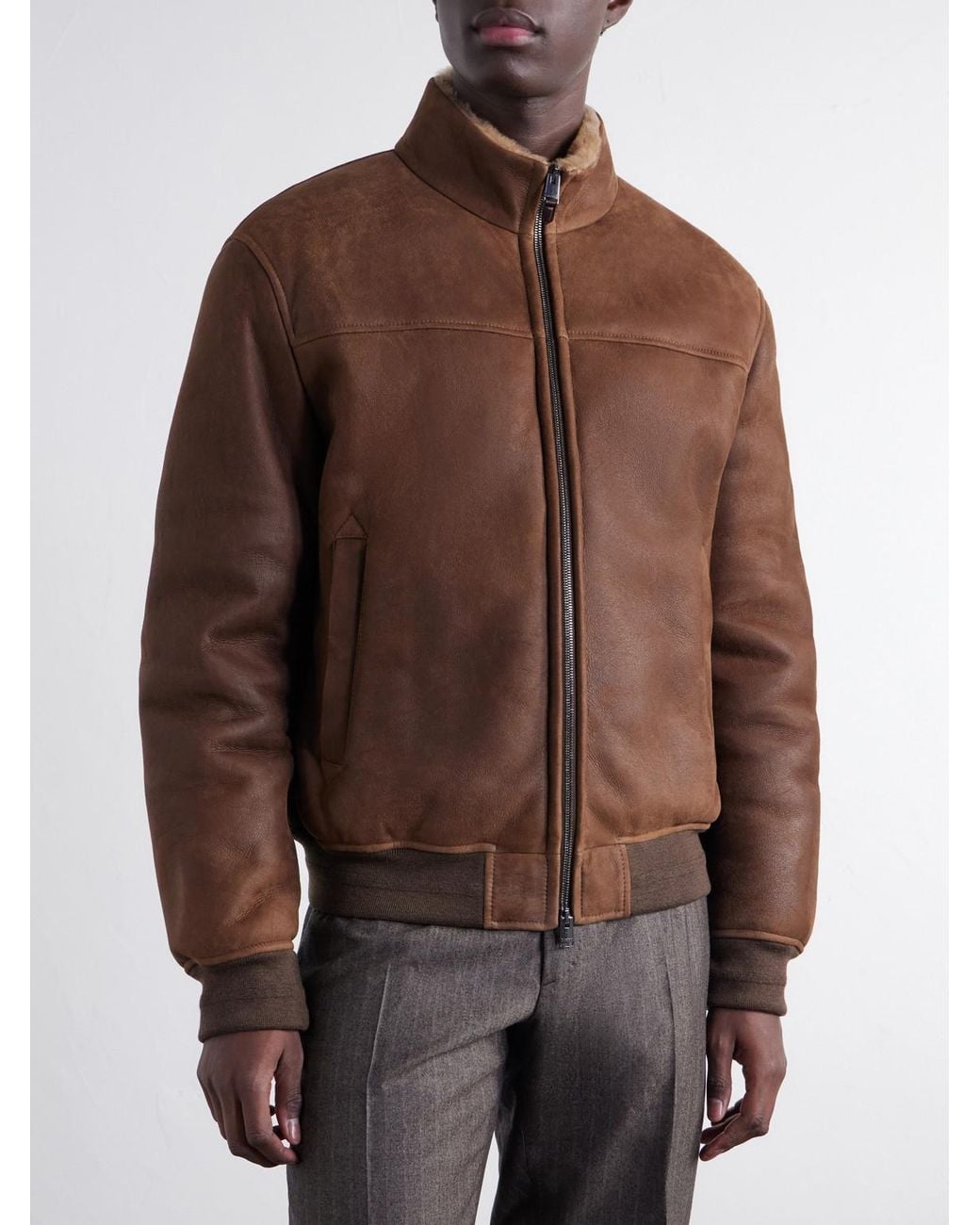 Canali Brown Shearling-Lined Full-Grain Leather Jacket for men