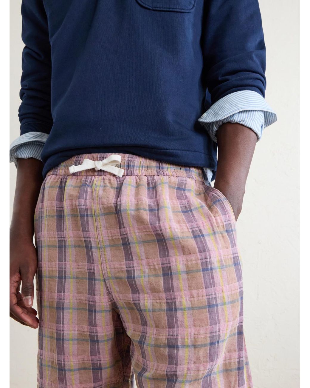 Drake's Pink Straight-Leg Checked Linen And Cotton-Blend Drawstring Shorts for men
