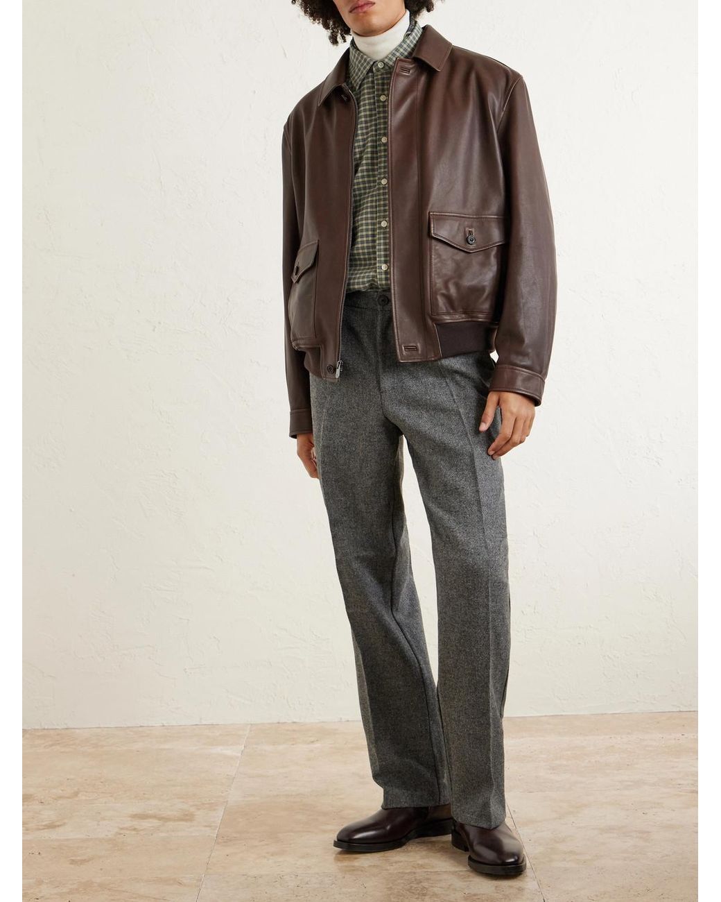Ralph Lauren Brown Leather Bomber Jacket for men