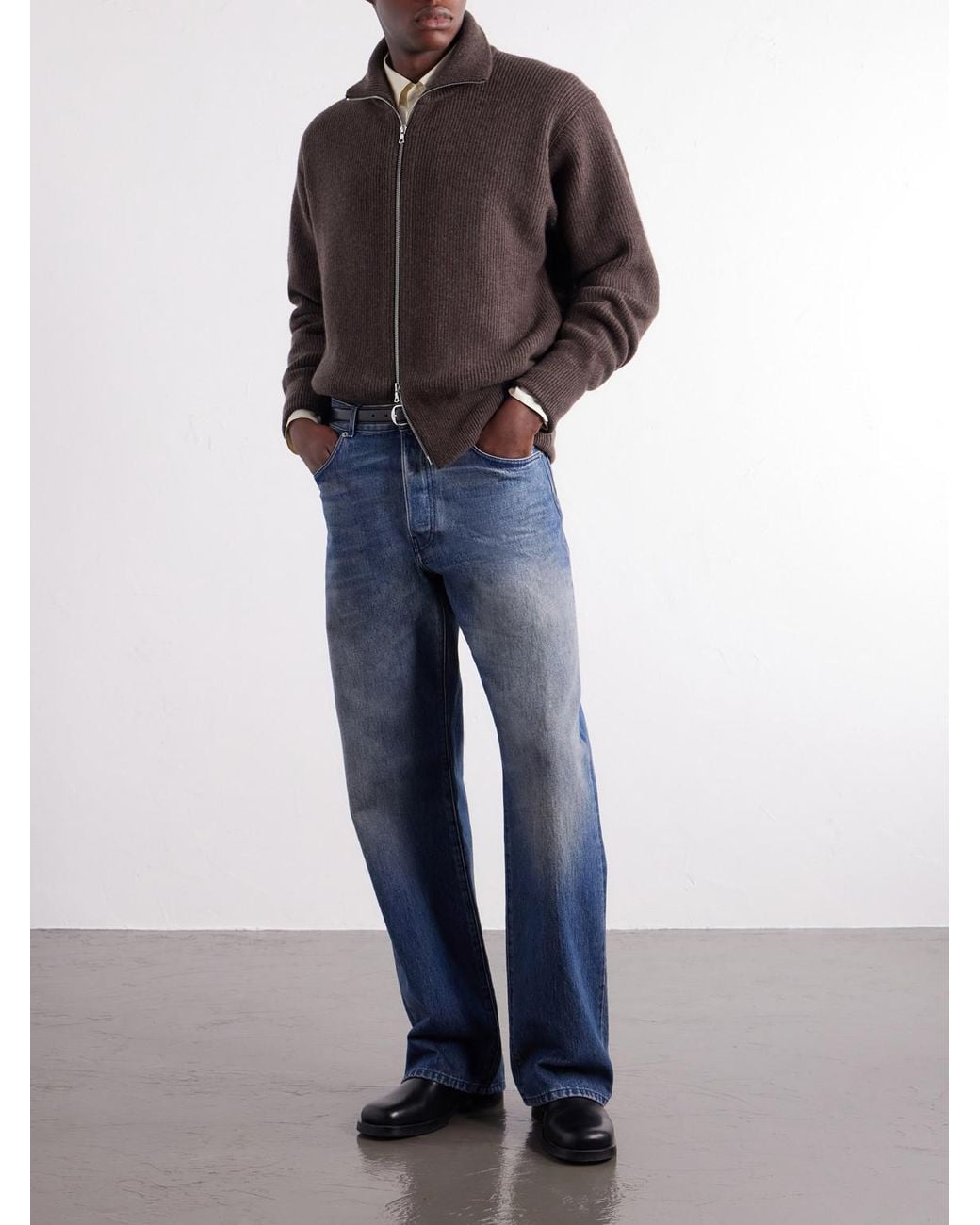 Ssstein Brown Ribbed Wool Zip-Up Cardigan for men