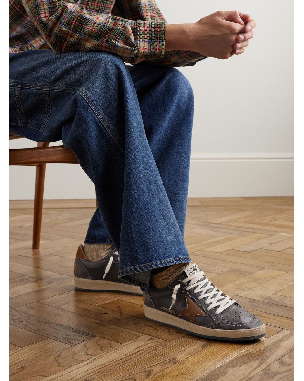 Golden Goose Deluxe Brand Brown Ball Star Distressed Suede-trimmed Leather Sneakers for men