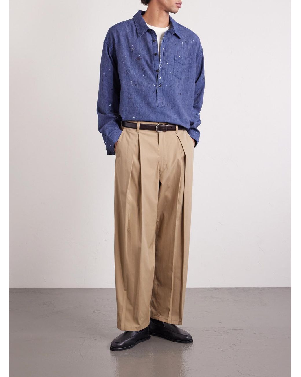 Monitaly Natural Ekusy Wide-Leg Cropped Pleated Cotton Trousers for men