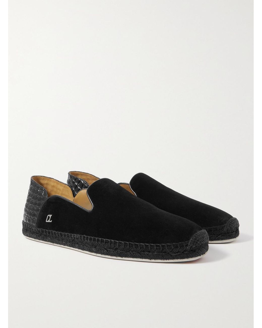 Christian Louboutin Black Collapsible-heel Croc-effect Leather-trimmed Suede Espadrilles for men