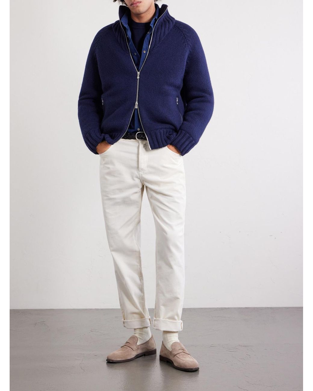 Brunello Cucinelli Blue Cashmere Zip-Up Down Cardigan for men