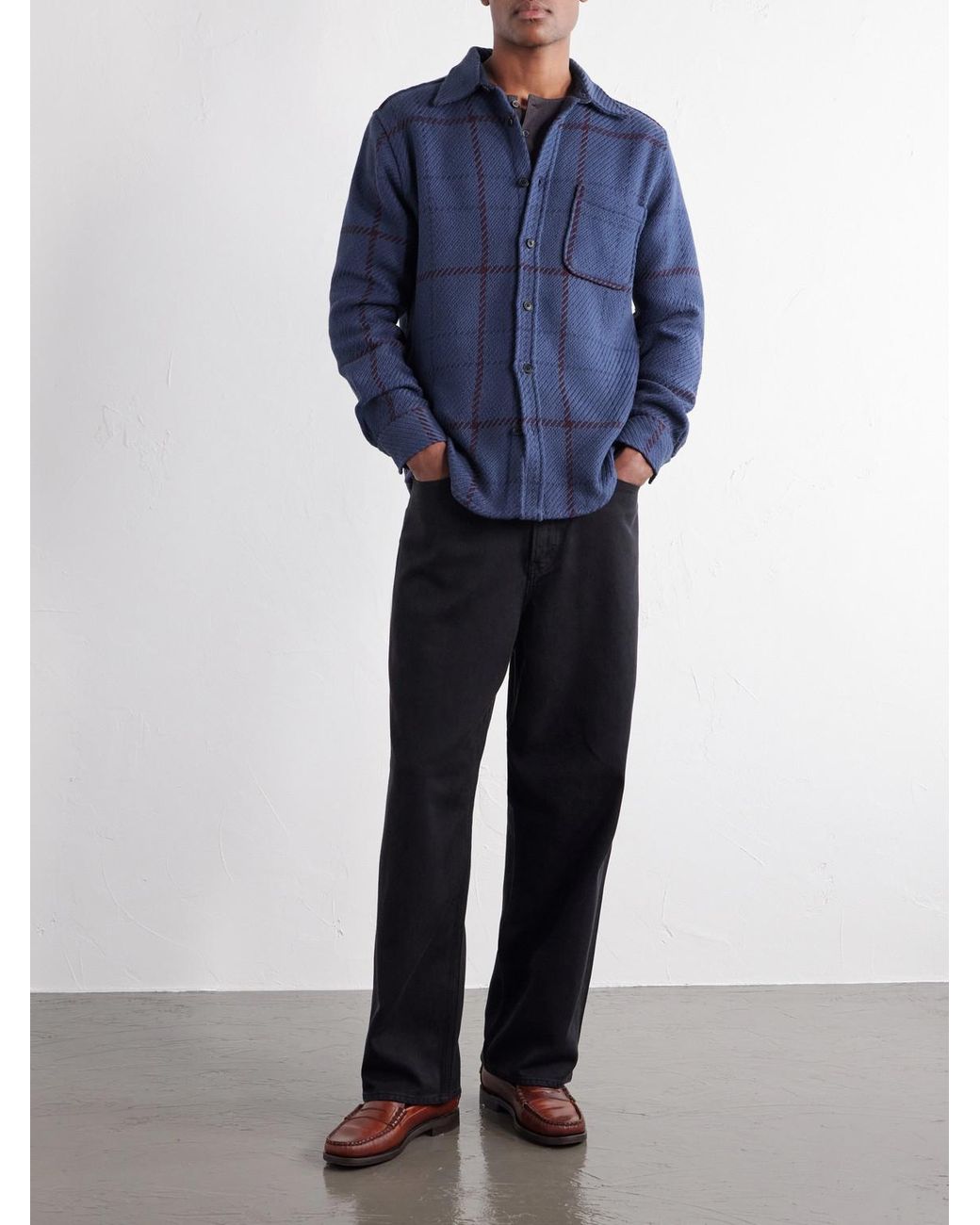 Portuguese Flannel Blue Upper Checked Cotton-woven Overshirt for men