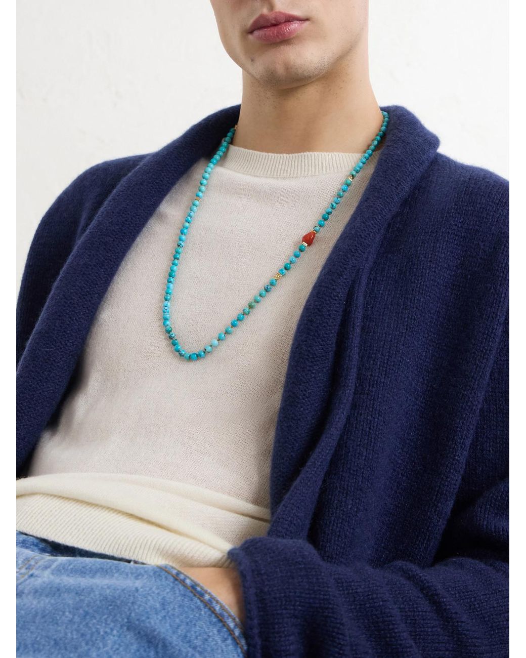Peyote Bird Blue Ritual 14-Karat, And Coral Beaded Necklace for men