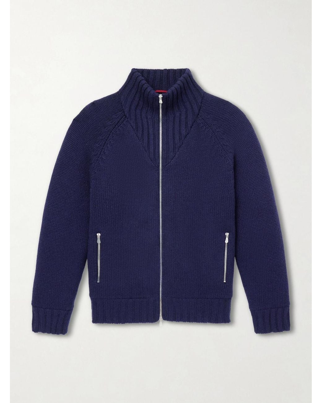 Brunello Cucinelli Blue Cashmere Zip-Up Down Cardigan for men