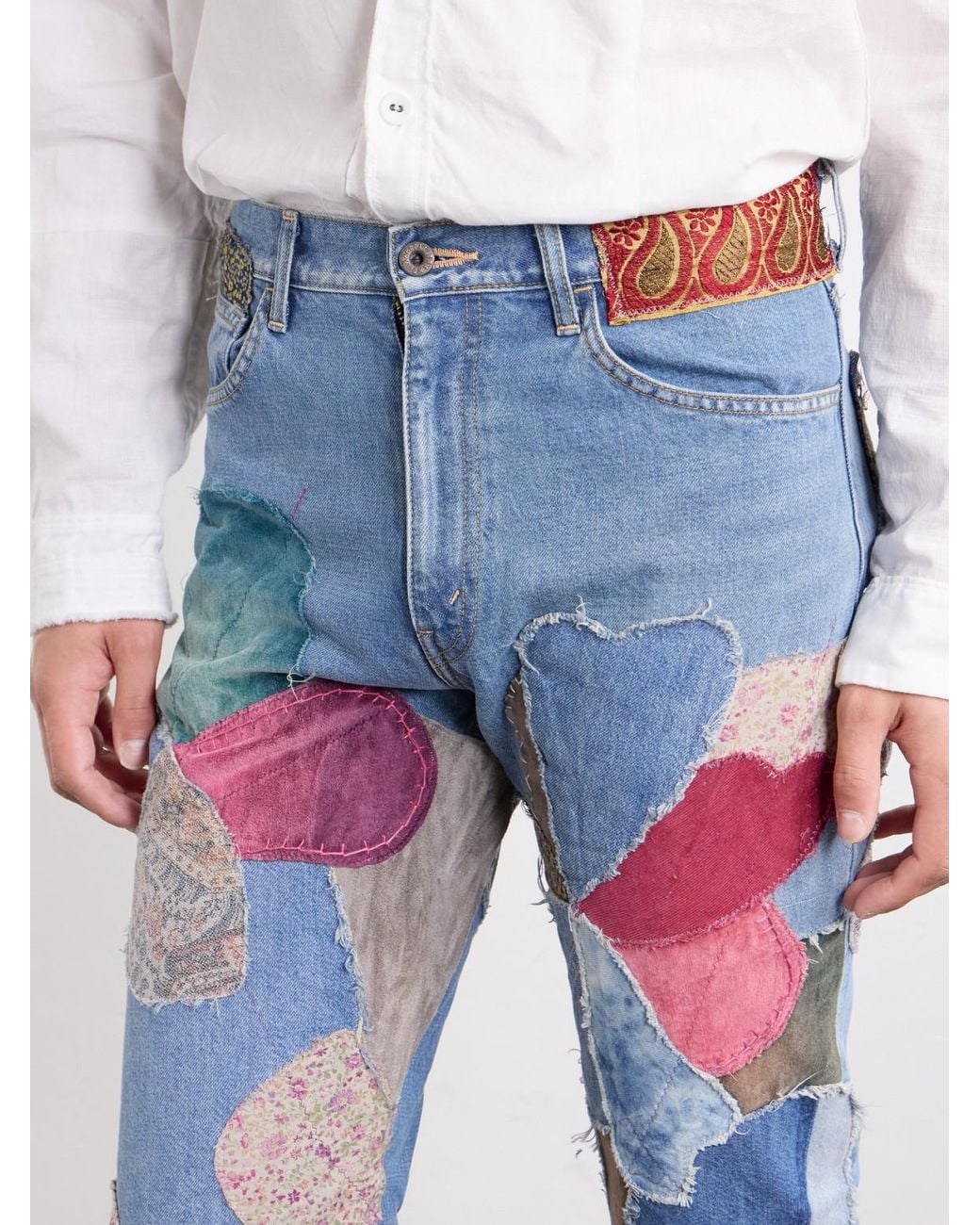Kapital Blue Rat Flared Patchwork Frayed Jeans for men