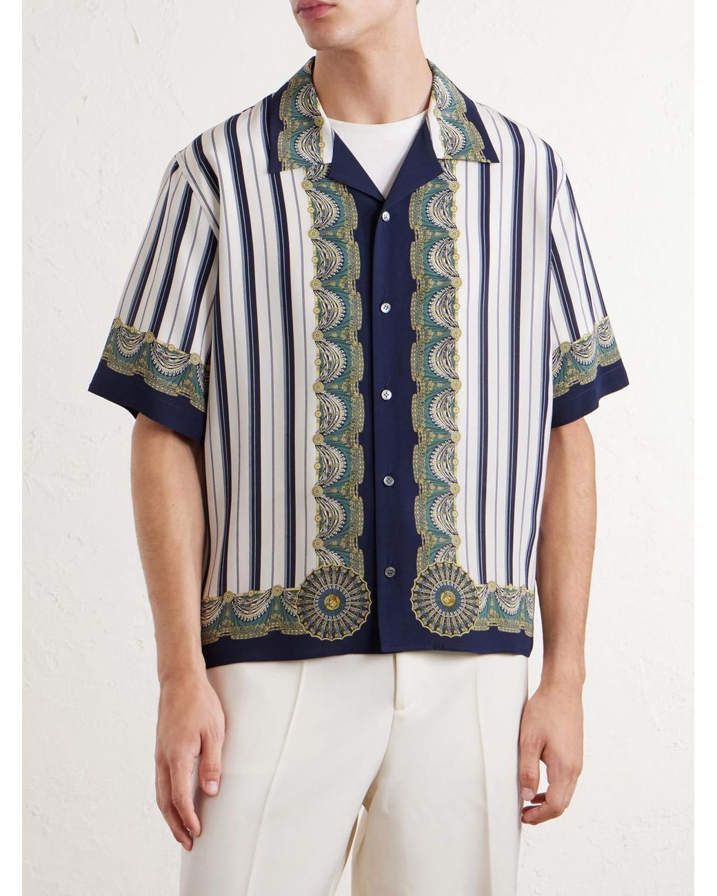 Versace Blue Striped Silk-Crepe De Chine Shirt for men
