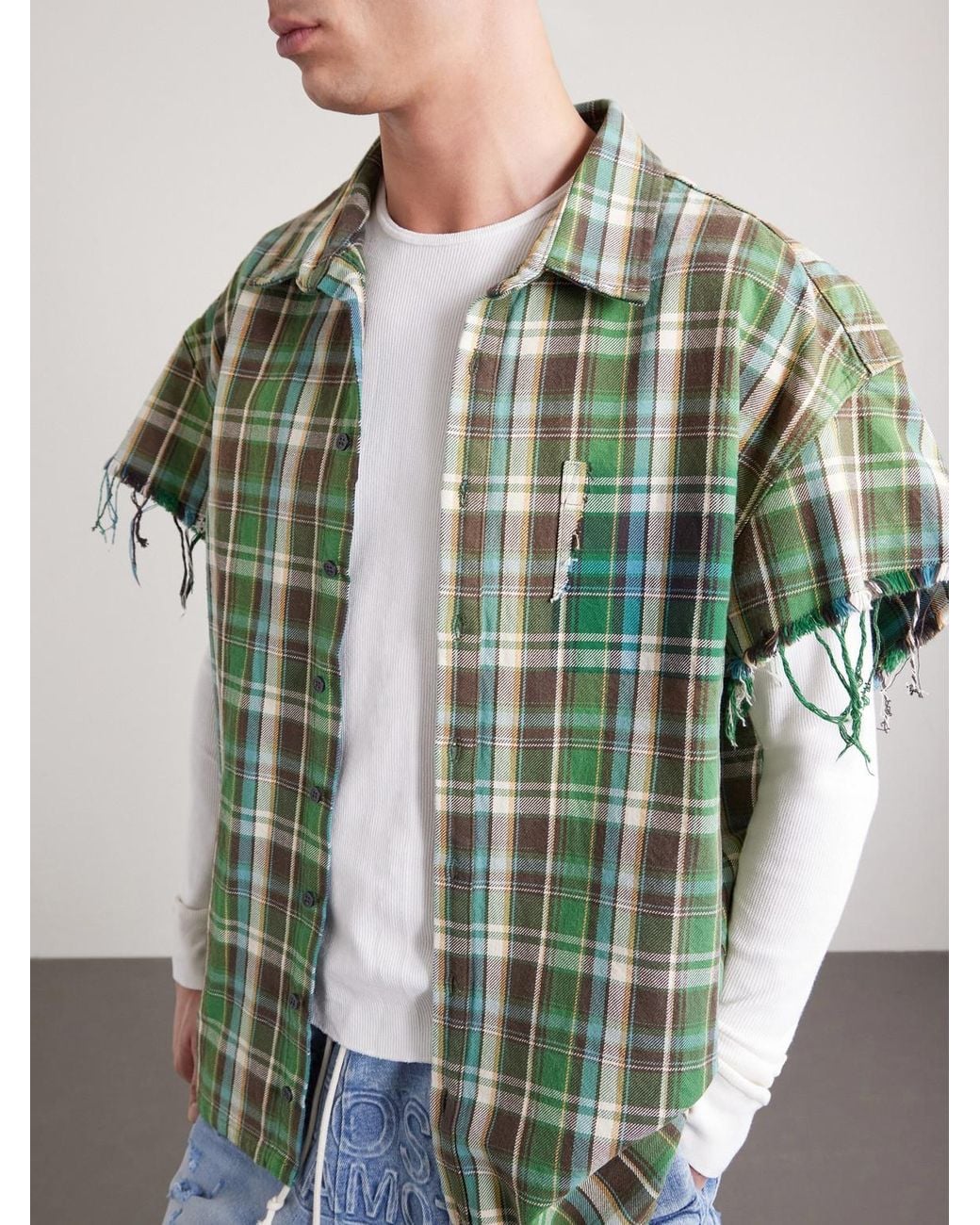 Satoshi Nakamoto Green Layered Frayed Checked Cotton-flannel And Waffle-knit Shirt for men