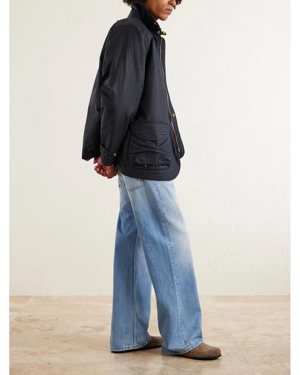 Drake's Blue Padded Corduroy-trimmed Waxed-cotton Jacket for men