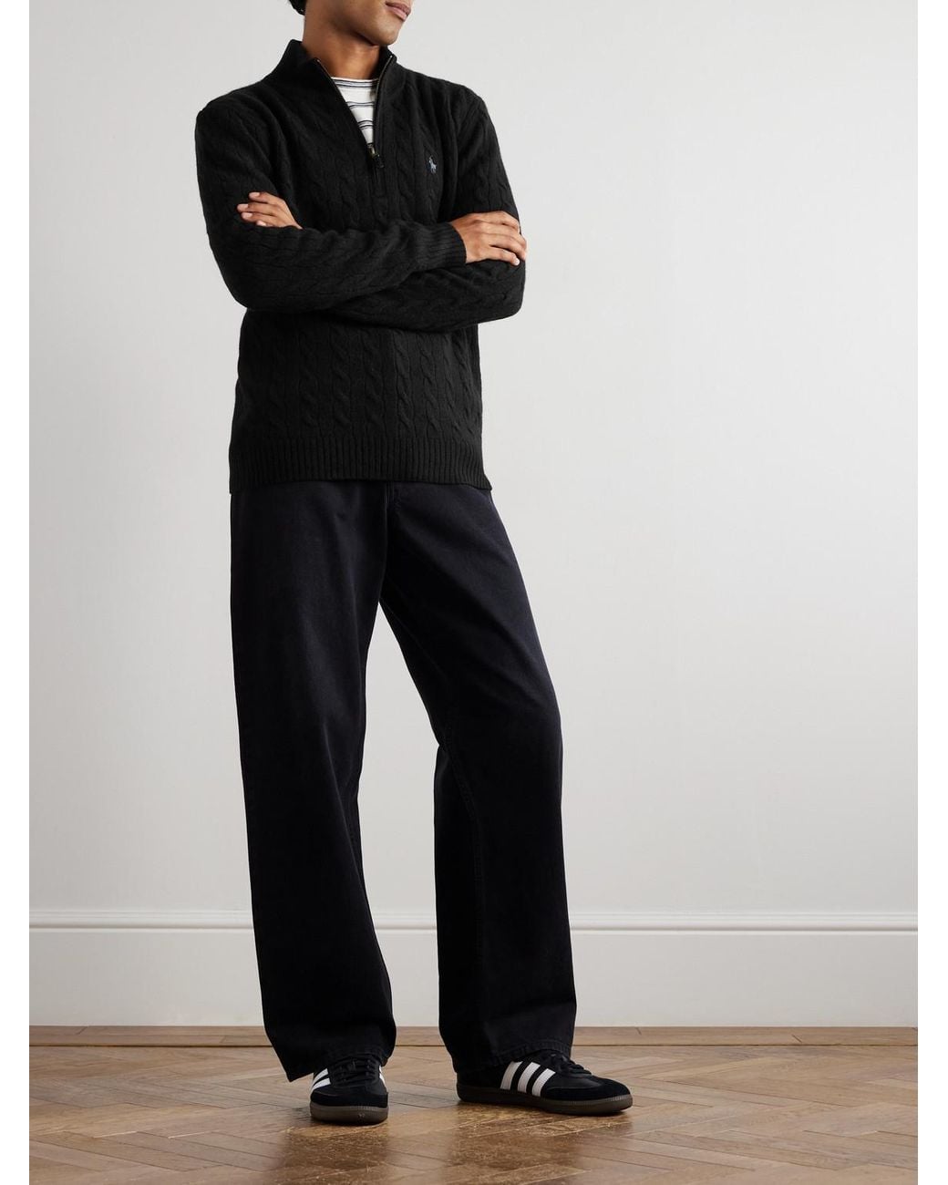 Polo Ralph Lauren Black Logo-embroidered Cable-knit Wool And Cashmere-blend Half-zip Sweater for men