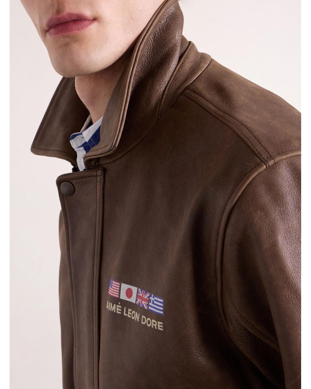 Aimé Leon Dore Brown World's Borough Logo-Print Leather Jacket for men
