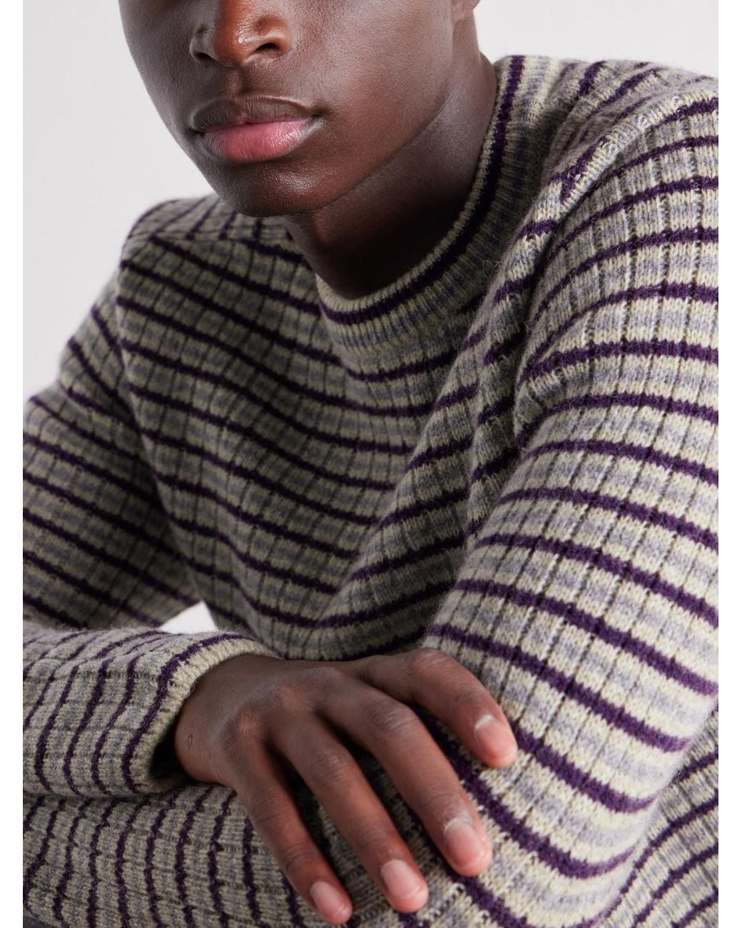 Auralee Gray Striped Ribbed Wool And Cashmere-Blend Sweater for men