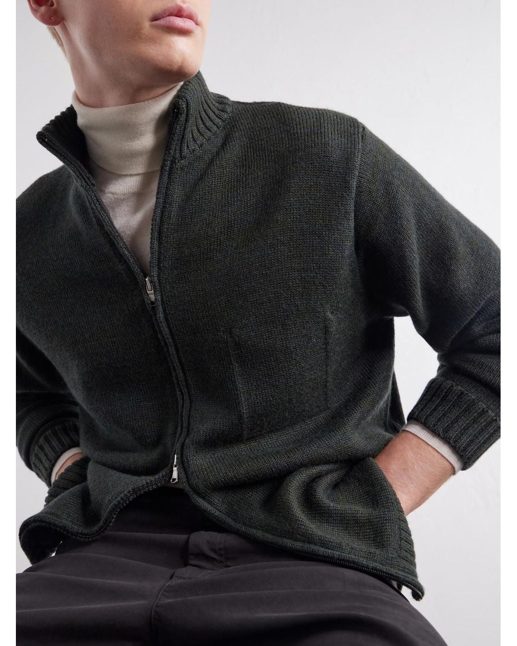 Inis Meáin Green Wool And Linen-Blend Zip-Up Cardigan for men