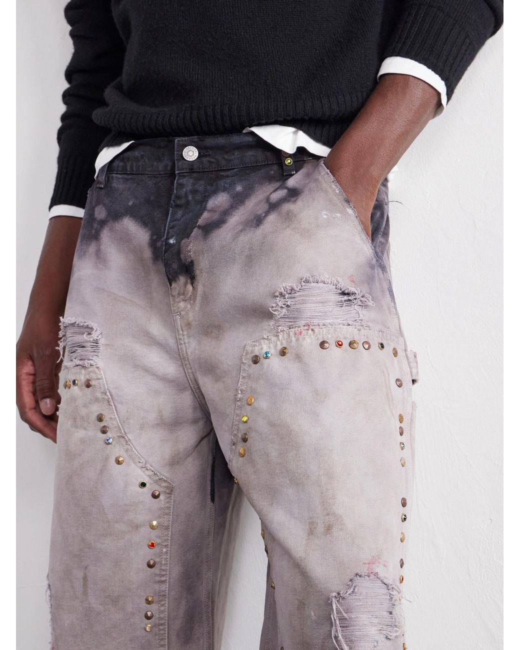 Satoshi Nakamoto Gray Danny's Straight-Leg Embellished Distressed Denim Shorts for men