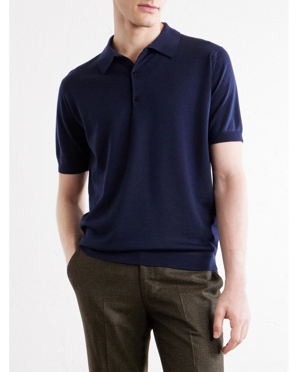 John Smedley Blue Macloud Knitted Merino Wool Polo Shirt for men