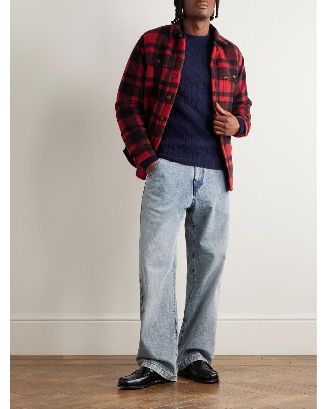 Drake's Blue Cable-Knit Brushed Shetland Wool Sweater for men