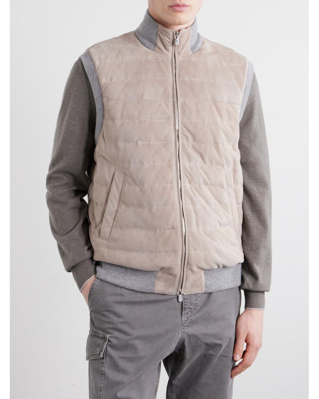 Brunello Cucinelli Natural Padded Cashmere-trimmed Quilted Suede Gilet for men