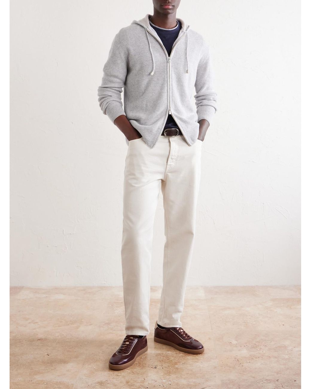 Eleventy Gray Ribbed Cashmere Zip-Up Hoodie for men