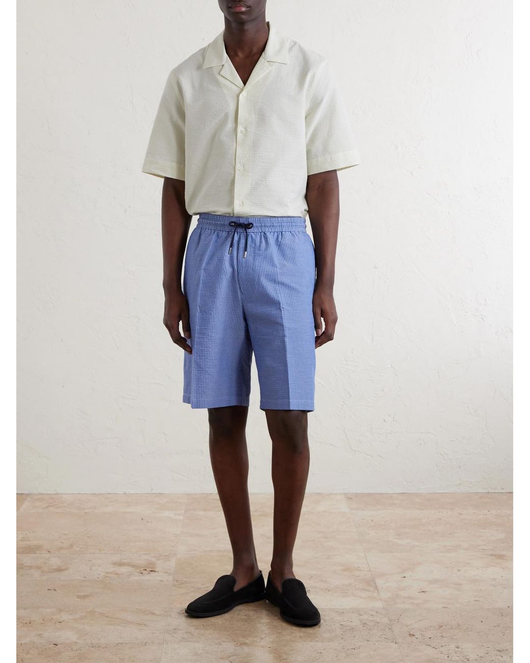 Paul Smith Blue Straight-Leg Striped Cotton-Seersucker Drawstring Shorts for men