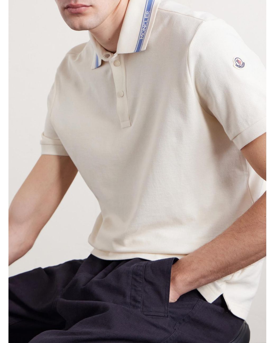 Moncler White Logo-Appliquéd Honeycomb-Knit Cotton Polo Shirt for men