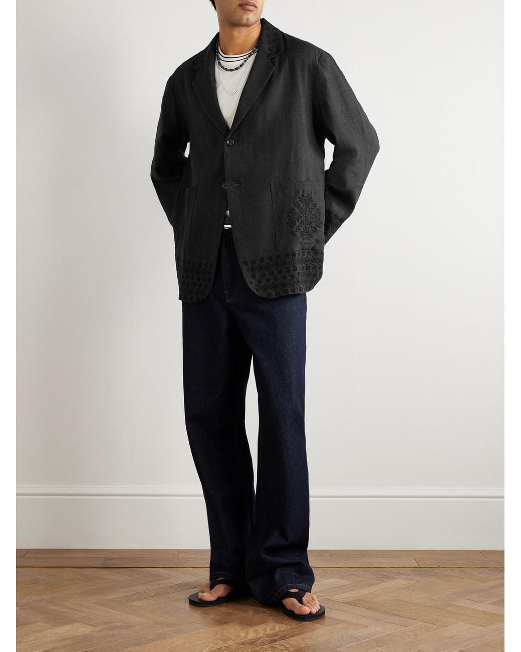 Kartik Research Kasuti Embroidered Wool and Linen-Blend Blazer in Black für Herren