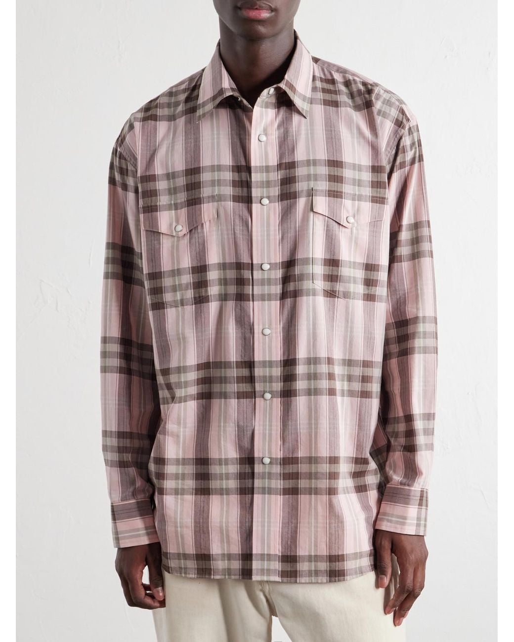 Auralee Pink Checked Cotton And Silk-Blend Flannel Shirt for men