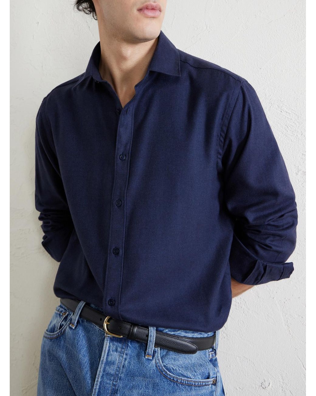 Canali Blue Herringbone Cotton And Lyocell-Blend Shirt for men