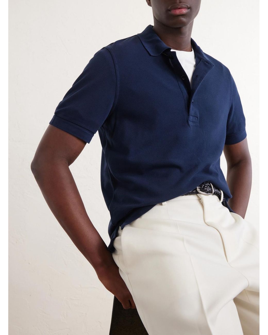 Tom Ford Blue Slim-fit Lyocell And Cotton-blend Piqué Polo Shirt for men