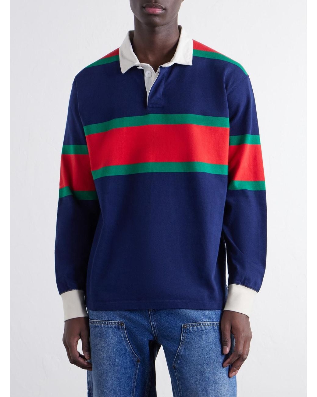 Drake's Blue Striped Twill-Trimmed Cotton-Jersey Polo Shirt for men