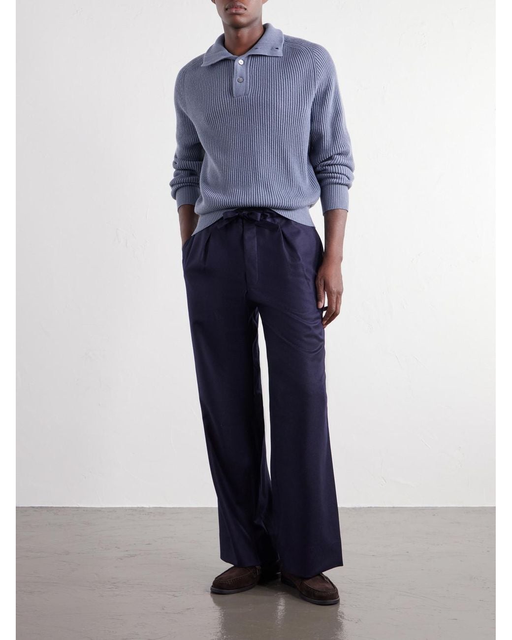 STÒFFA Blue Wide-Leg Drawstring Wool And Cashmere-Blend Flannel Trousers for men