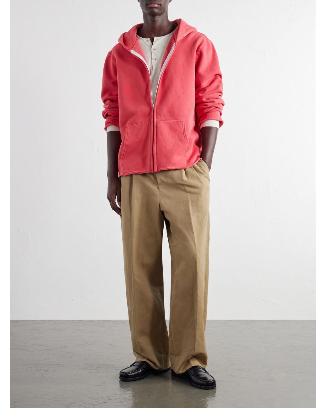Les Tien Red Garment-Dyed Distressed Cotton-Jersey Zip-Up Hoodie for men